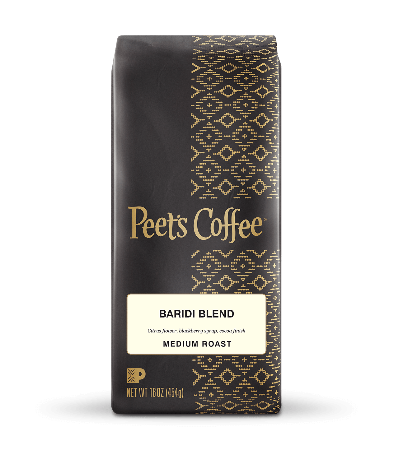 Peet's Coffee Baridi Blend Medium Roast Coffee beans in a brown 16 ounce bag